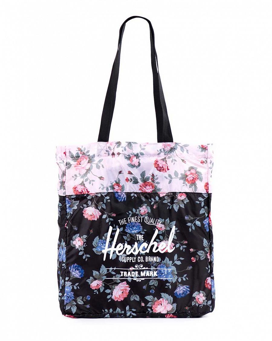 Сумка складная через плечо Herschel Packable Travel Tote Bag Black Floral Pink отзывы